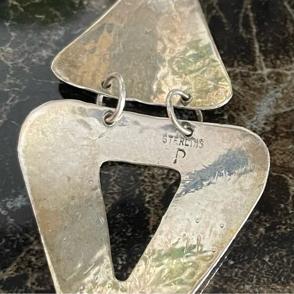 Bold Sterling Silver Vintage Hammered Triangle Dangle Earrings - Picture 7 of 11